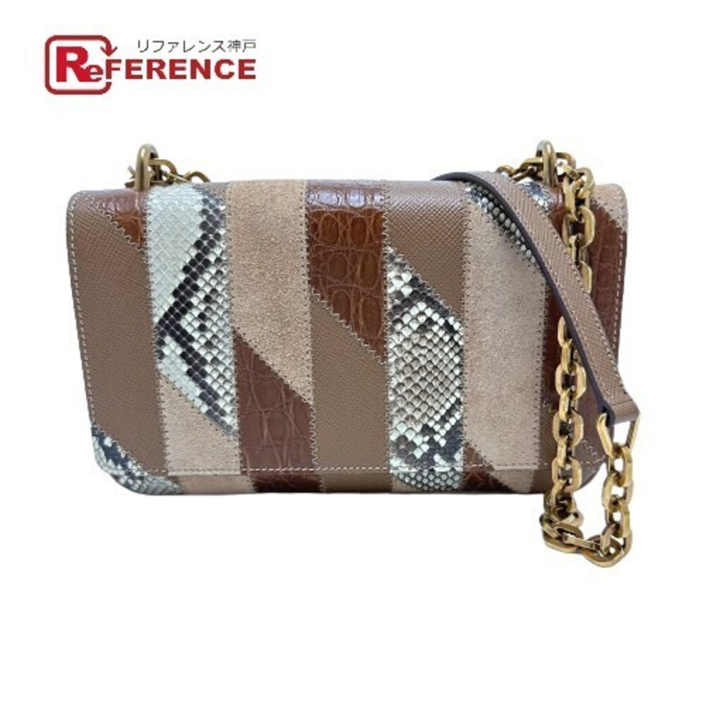 PRADA Logo Chain Shoulder Bag Suede Brown
